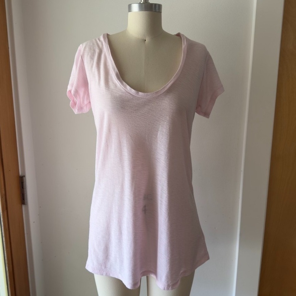 James Perse Deep Scoop Neck Slub Short Sleeve T-Shirt-Relaxed Fit Tee-Pink-Sz 2